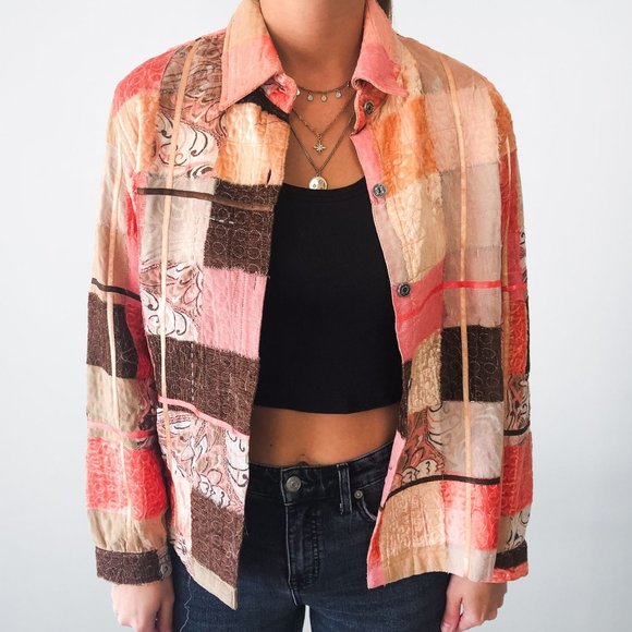 Vintage Pink Mix Pattern Button Up Patchwork Jacket - M - Picture 7 of 7